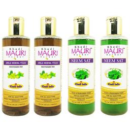 Khadi Mauri Herbal Combo Pack of Neem Sat Shampoo (2) (300ml Each) & Amla Henna Tulsi Shampoo (2) (210ml Each)