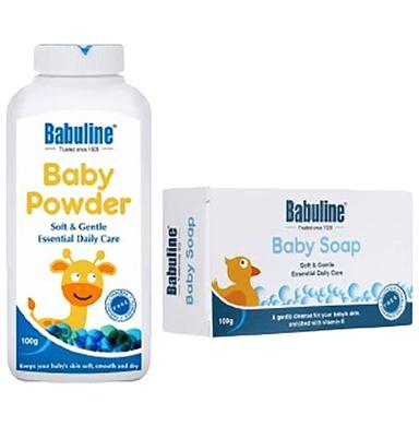 Babuline Baby Powder 100gm (Pack of 2) & Baby Soap 100gm (Pack of 2) Each Travel Kit | Suitable & Safe for newborn babies | Vitamin E | Paraben & Sulphate Free | Dermatologically tested