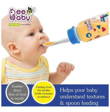 BeeBaby 2 in 1 Gentle Slim Neck Baby Feeding Bottle with Anti - Colic Gentle Touch Silicone Nipple and Feeder Spoon 8 Months + (250ml Each) Blue