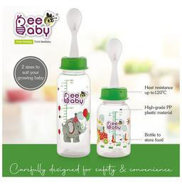 BeeBaby 2 in 1 Gentle Slim Neck Baby Feeding Bottle with Anti - Colic Gentle Touch Silicone Nipple and Feeder Spoon4 Months + (125ml Each) Green