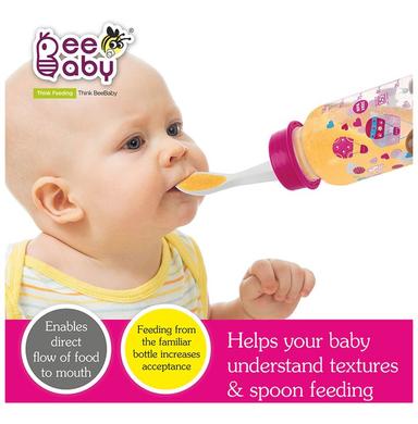 BeeBaby 2 in 1 Gentle Slim Neck Baby Feeding Bottle with Anti - Colic Gentle Touch Silicone Nipple and Feeder Spoon4 Months + (125ml Each) Pink