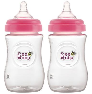 BeeBaby Ease Wide Neck Baby Feeding Bottle with Medium Flow Anti-Colic Soft Silicone Nipple 8 Months + (300ml Each) Pink