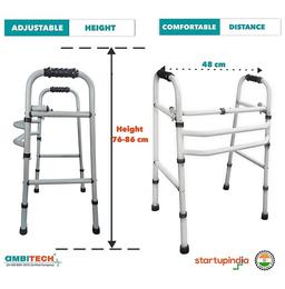 Ambitech MS Height Adjustable & Double Bar Folding Walker Grey