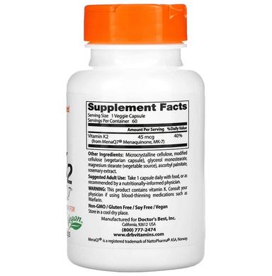 Doctor's Best Natural Vitamin K2 with MK 7, 45mcg Veggie Caps | For Healthy Bones & Soft Tissue