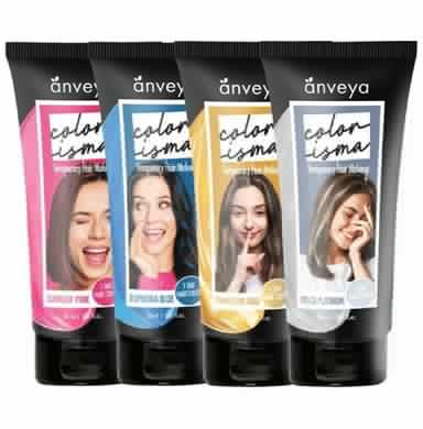 Anveya Colorisma 1 Day Temporary Hair Color (30ml Each) Euphoria Blue, Summer Pink, Champagne Gold & Disco Platinum