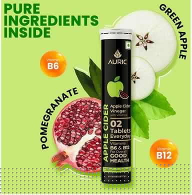 Auric Apple Cider Vinegar Effervescent Tablet with Vitamins B6, B12 (20 Each)